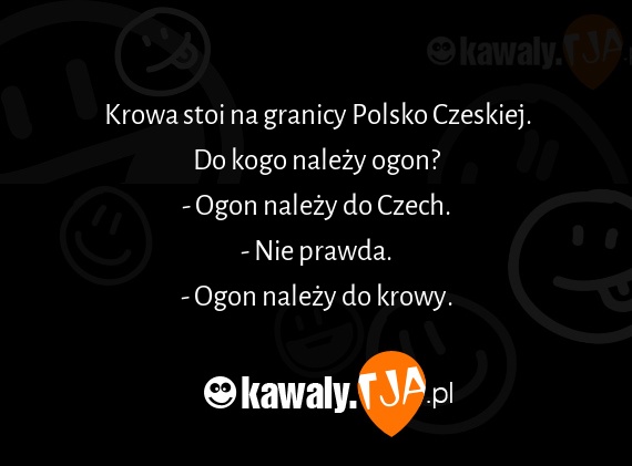Krowa stoi na granicy Polsko Czeskiej.
<br>Do kogo należy ogon?
<br>- Ogon należy do Czech.
<br>- Nie prawda.
<br>- Ogon należy do krowy.