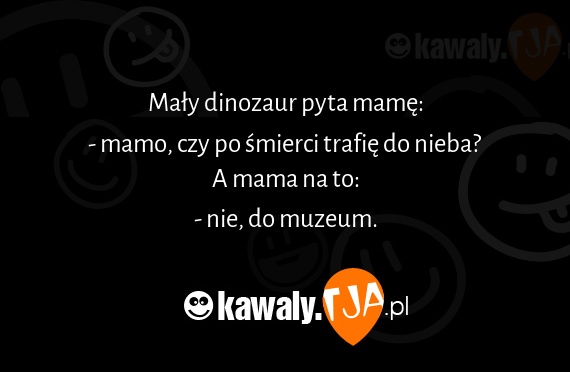 Mały dinozaur pyta mamę:
<br>- mamo, czy po śmierci trafię do nieba?
<br>A mama na to:
<br>- nie, do muzeum.