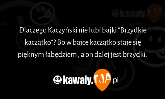 Dlaczego Kaczyński nie lubi bajki "Brzydkie kaczątko"? Bo w bajce kaczątko staje się pięknym łabędziem , a on dalej jest brzydki. 