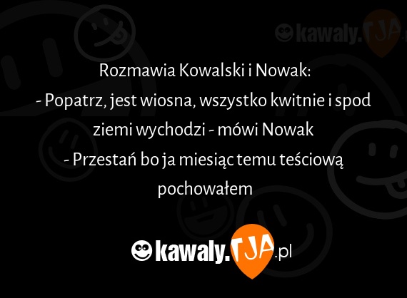 Rozmawia Kowalski i Nowak:
<br>- Popatrz, jest wiosna, wszystko kwitnie i spod ziemi wychodzi - mówi Nowak
<br>- Przestań bo ja miesiąc temu teściową pochowałem