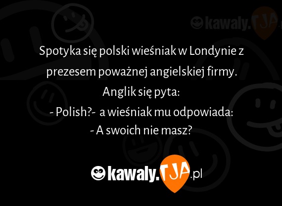 Spotyka się polski wieśniak w Londynie z prezesem poważnej angielskiej firmy.
<br>Anglik się pyta:
<br>- Polish?-  a wieśniak mu odpowiada:
<br>- A swoich nie masz?